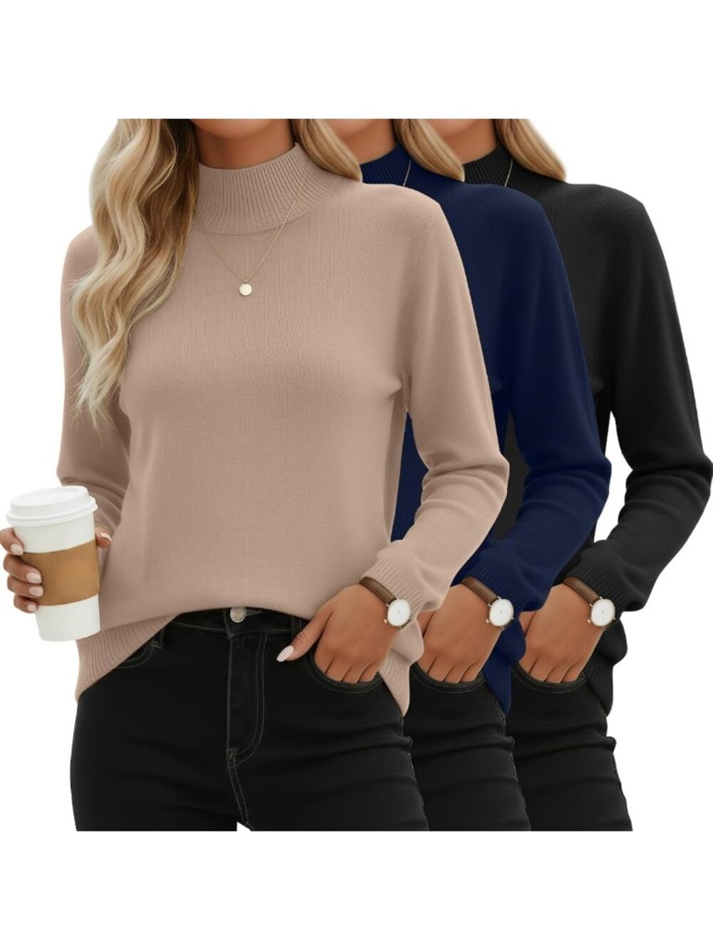 Cozy 3-Pack Women's Mock Turtleneck Sweaters | Stylish Crew Neck Tops